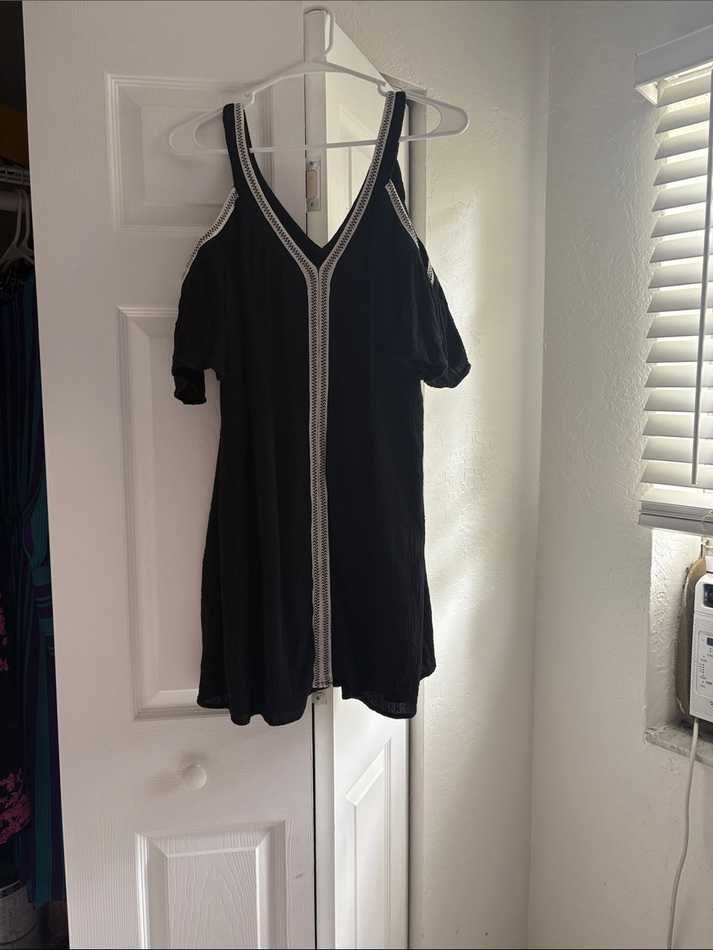 Black Cold-Shoulder V-Neck Tunic dress with White Contrast Trim
